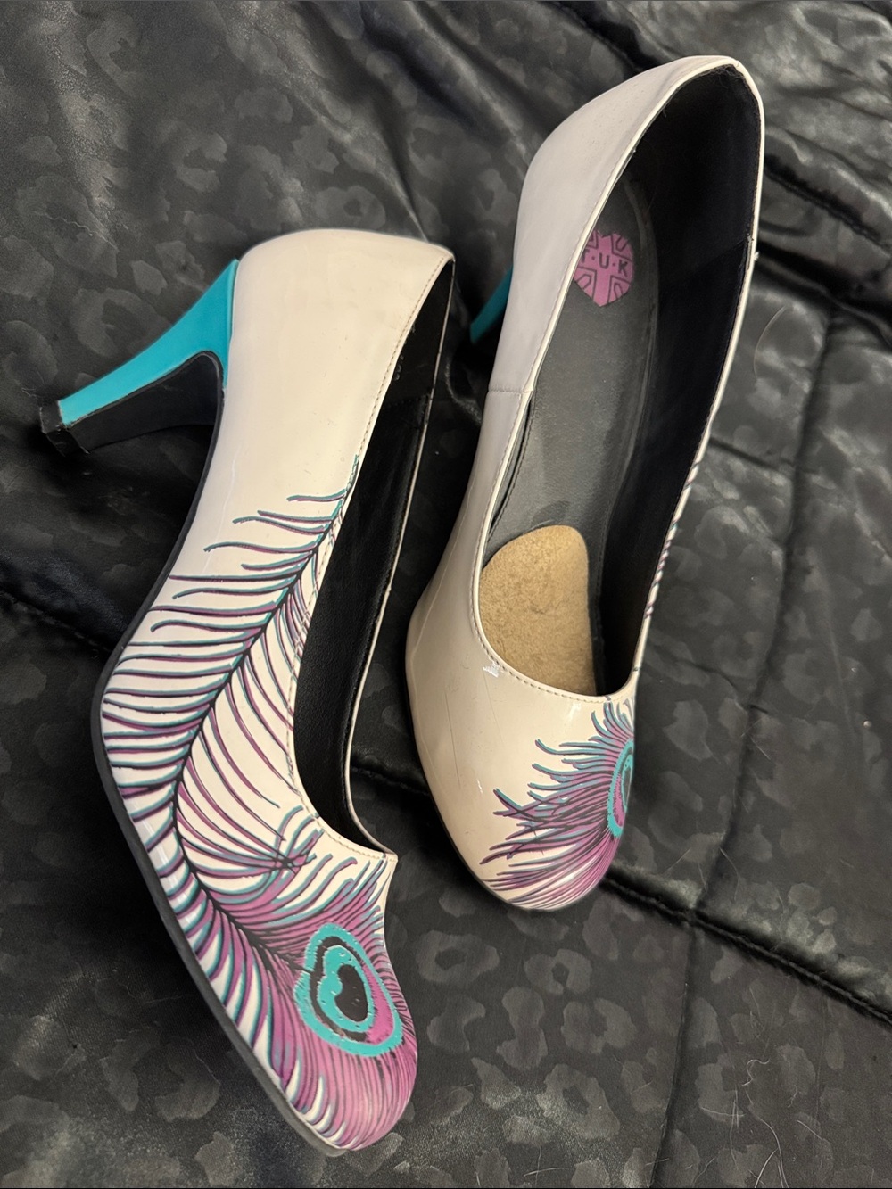 Beige Pumps with Teal & Purple Peacock Design - Women Shoes